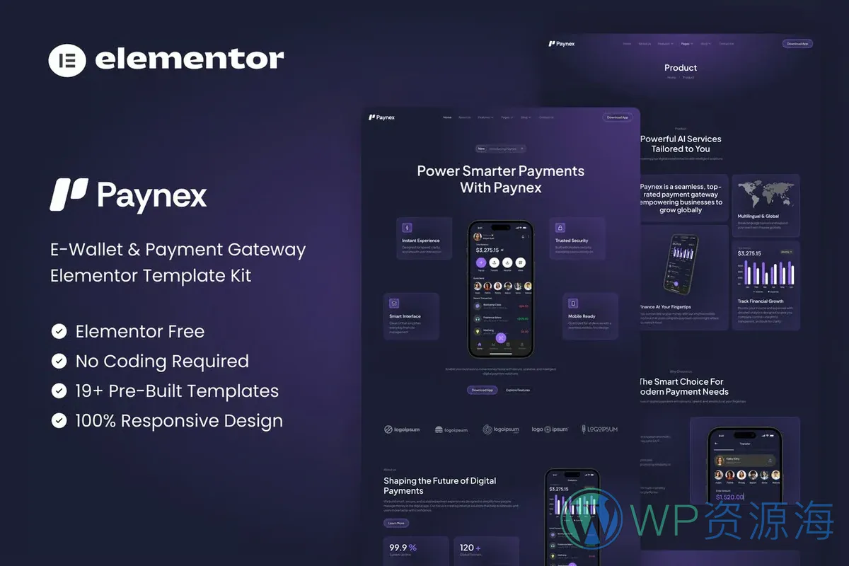 电子钱包与支付网关Elementor网站模板_一键导入快速建站插图-WP资源海 金融/投资 Elementor 网站模板封面
