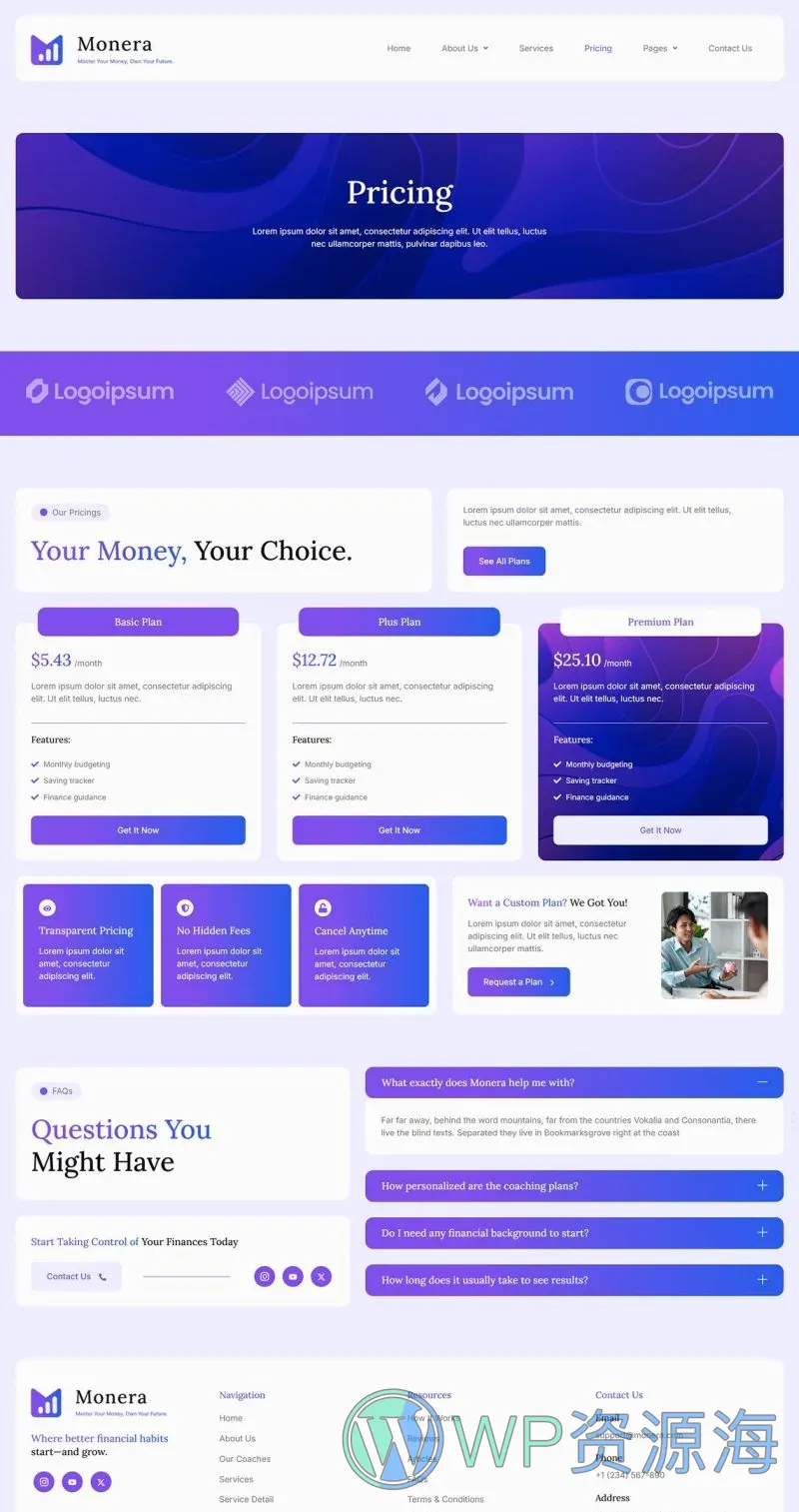 金融/投资 Elementor 模板价格页面预览