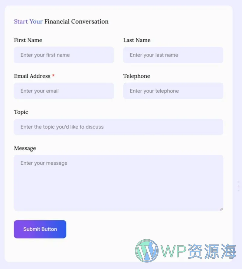 金融/投资 Elementor 模板联系表单预览