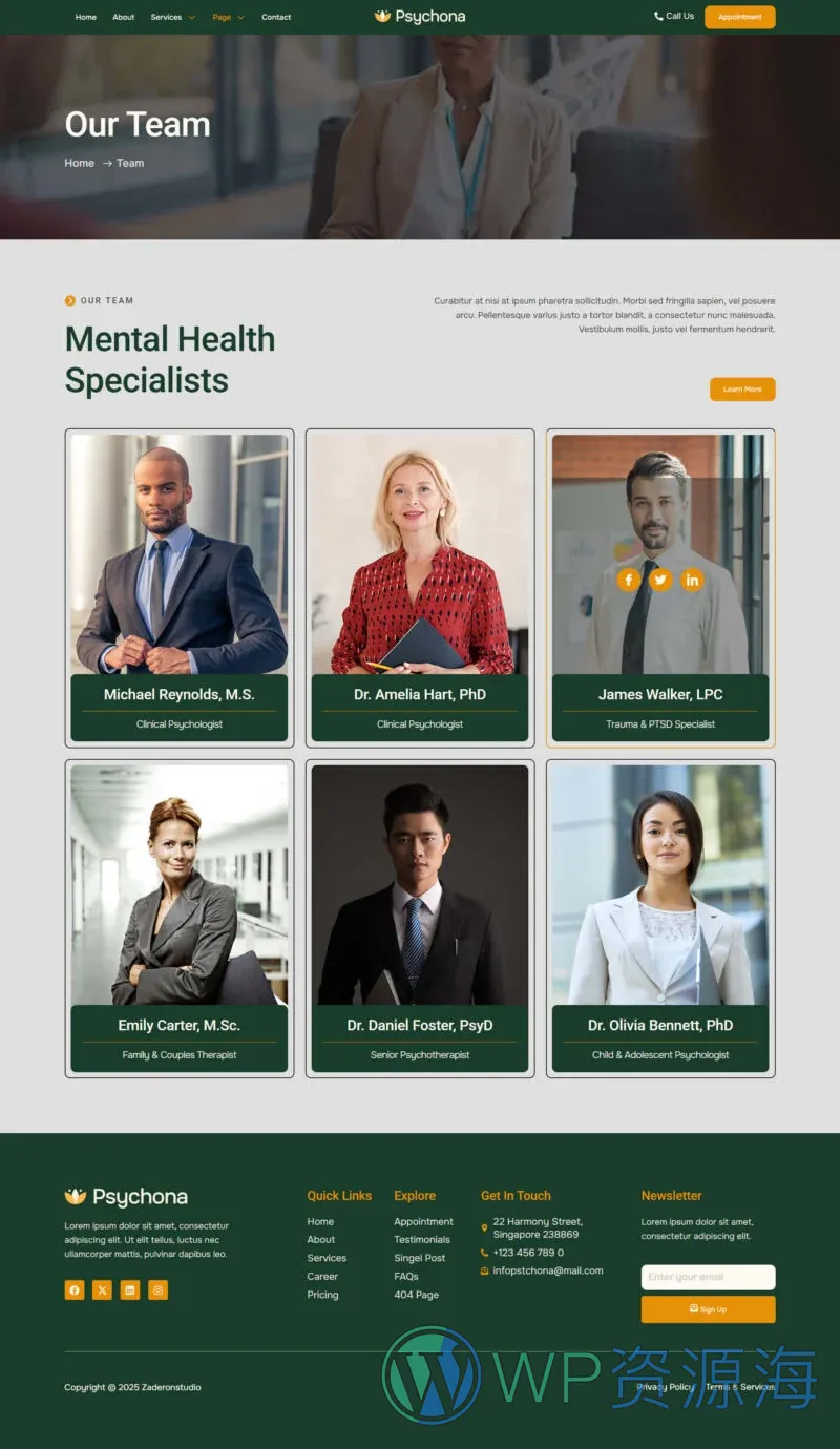 心理咨询与心理健康机构Elementor网站模板_一键导入快速建站插图5-WP资源海 健康/医药 Elementor 模板团队页面预览