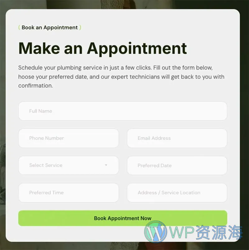 管道维修预约服务Elementor网站模板_一键导入快速建站插图7-WP资源海 维修 Elementor 模板预约表单预览