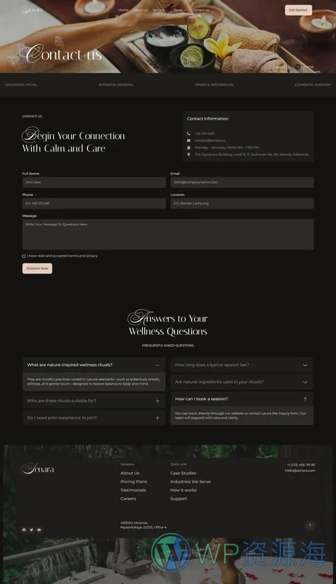 SPA 水疗养生会所Elementor网站模板_一键导入快速建站插图2-WP资源海 美容/美发 Elementor 模板联系页面预览