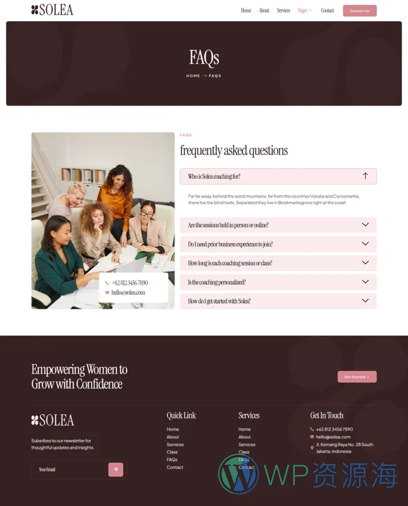 女性商业教练Elementor网站模板_一键导入快速建站插图4-WP资源海 服务/咨询 Elementor 模板常见问题预览