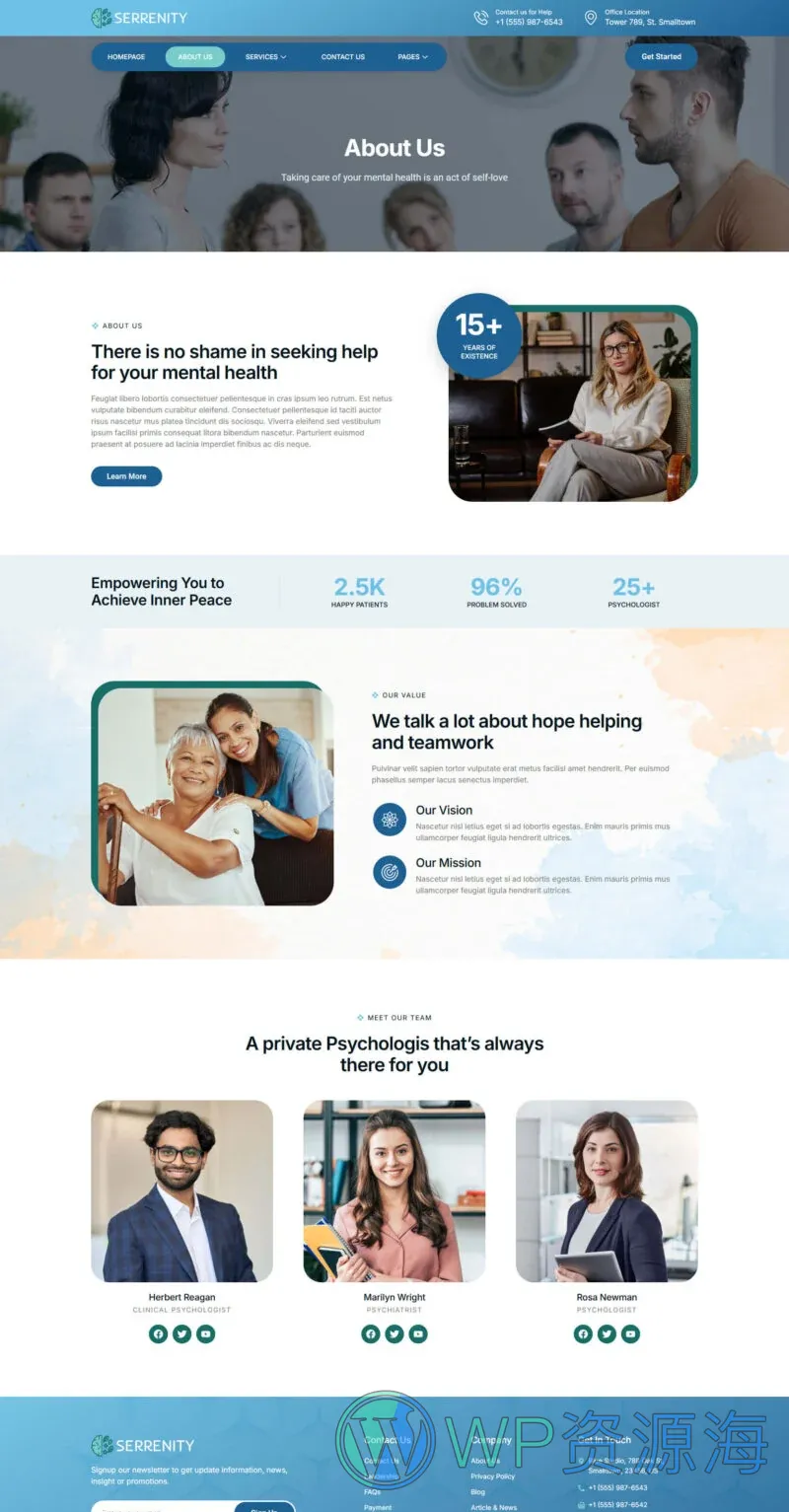 心理健康护理Elementor网站模板_一键导入快速建站插图1-WP资源海 健康/医药 Elementor 模板关于我们预览