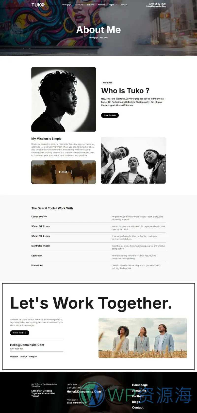 摄影作品集Elementor网站模板_一键导入快速建站插图2-WP资源海 摄影 Elementor 模板关于我预览