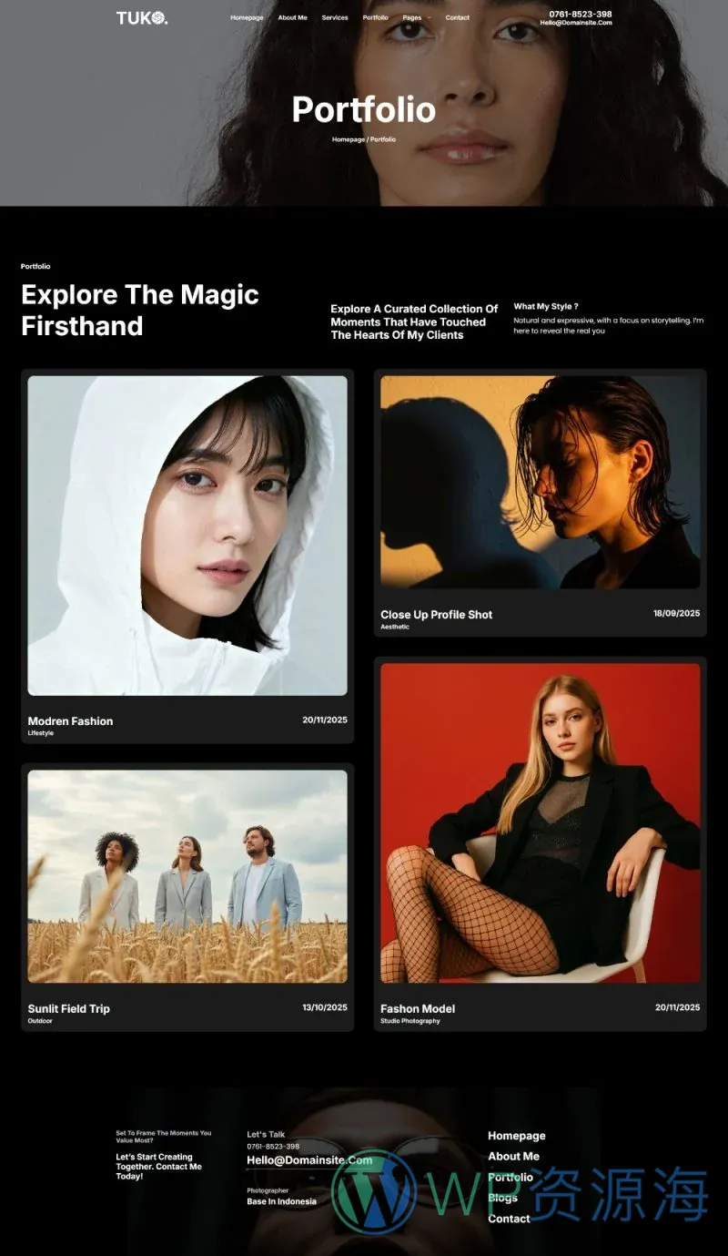 摄影作品集Elementor网站模板_一键导入快速建站插图4-WP资源海 摄影 Elementor 模板案例页面预览