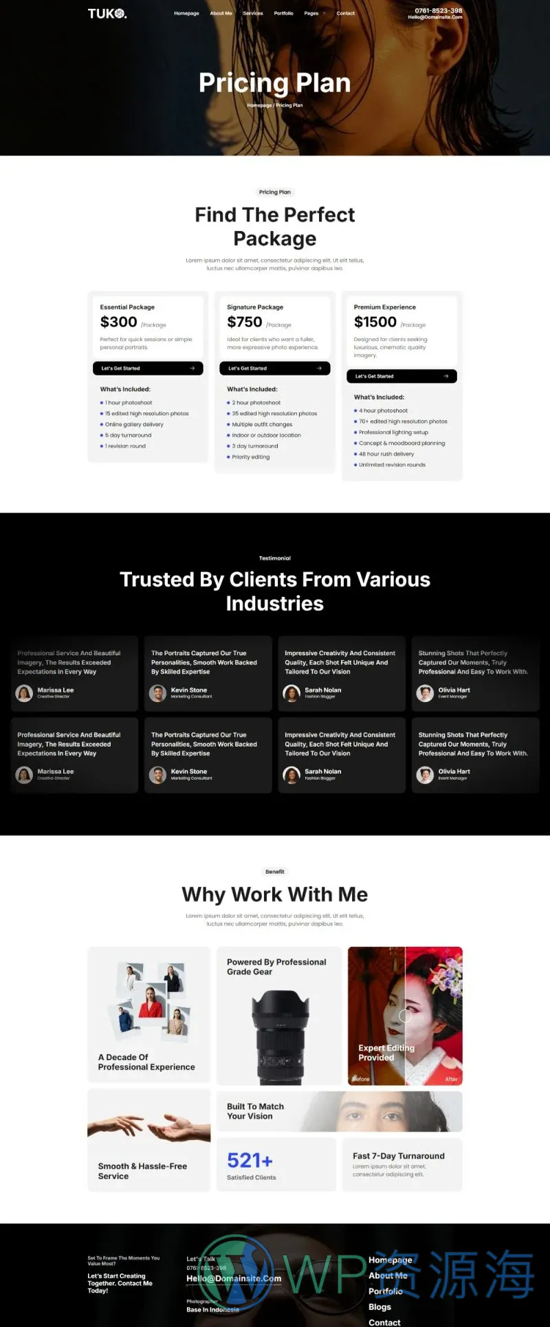 摄影作品集Elementor网站模板_一键导入快速建站插图6-WP资源海 摄影 Elementor 模板价格页面预览
