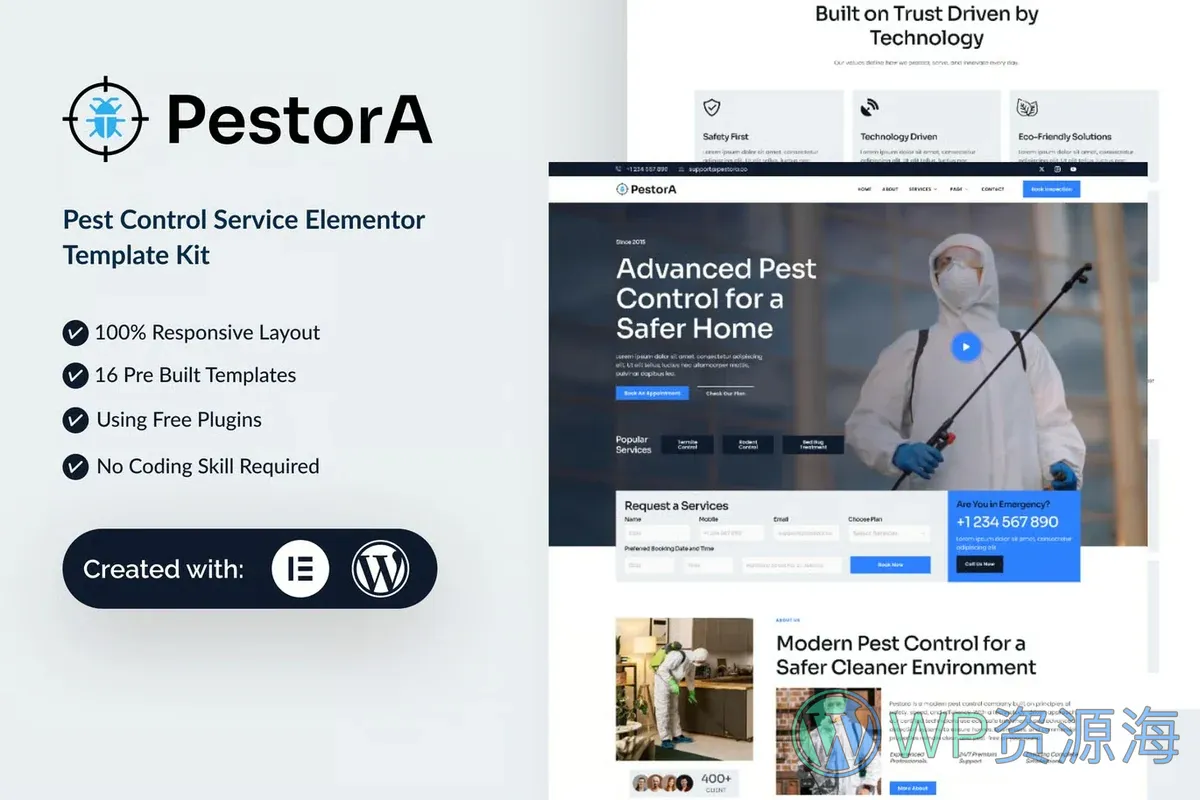 害虫防治服务Elementor网站模板_一键导入快速建站插图-WP资源海 家政 Elementor 网站模板封面