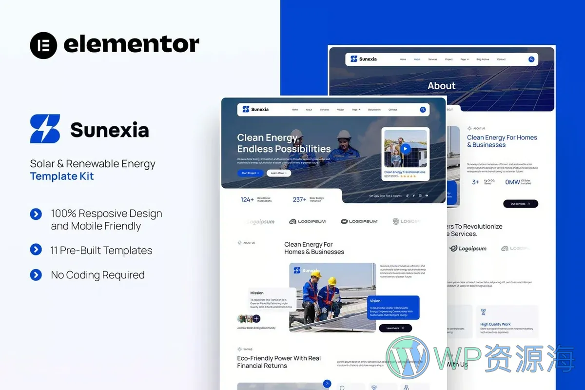 太阳能与可再生能源公司Elementor网站模板_一键导入快速建站插图-WP资源海 工业/工厂 Elementor 网站模板封面