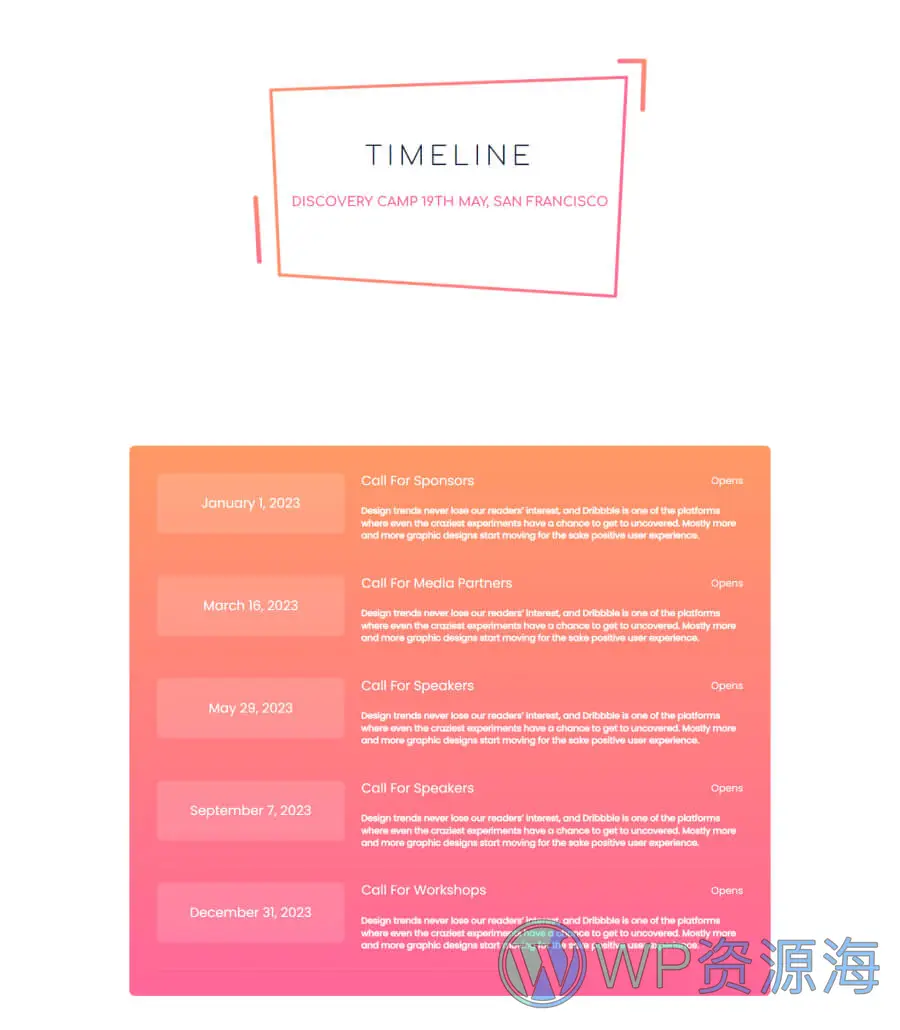 活动Gutenberg网站模板_一键导入快速建站插图7-WP资源海 EventGree Timeline Page Lite For Gutenberg