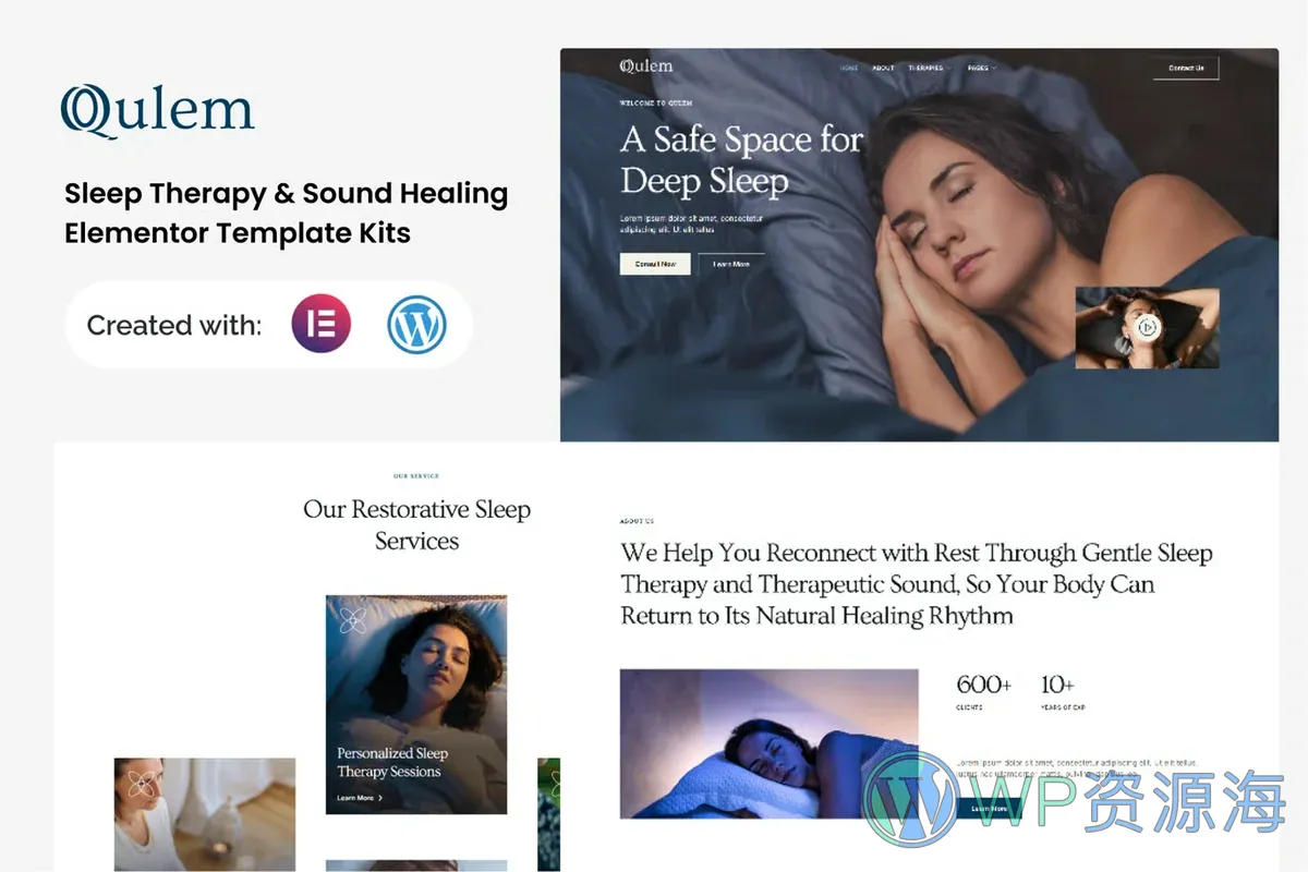 睡眠疗愈与声音疗法Elementor网站模板_一键导入快速建站插图-WP资源海 健康/医药 Elementor 网站模板封面