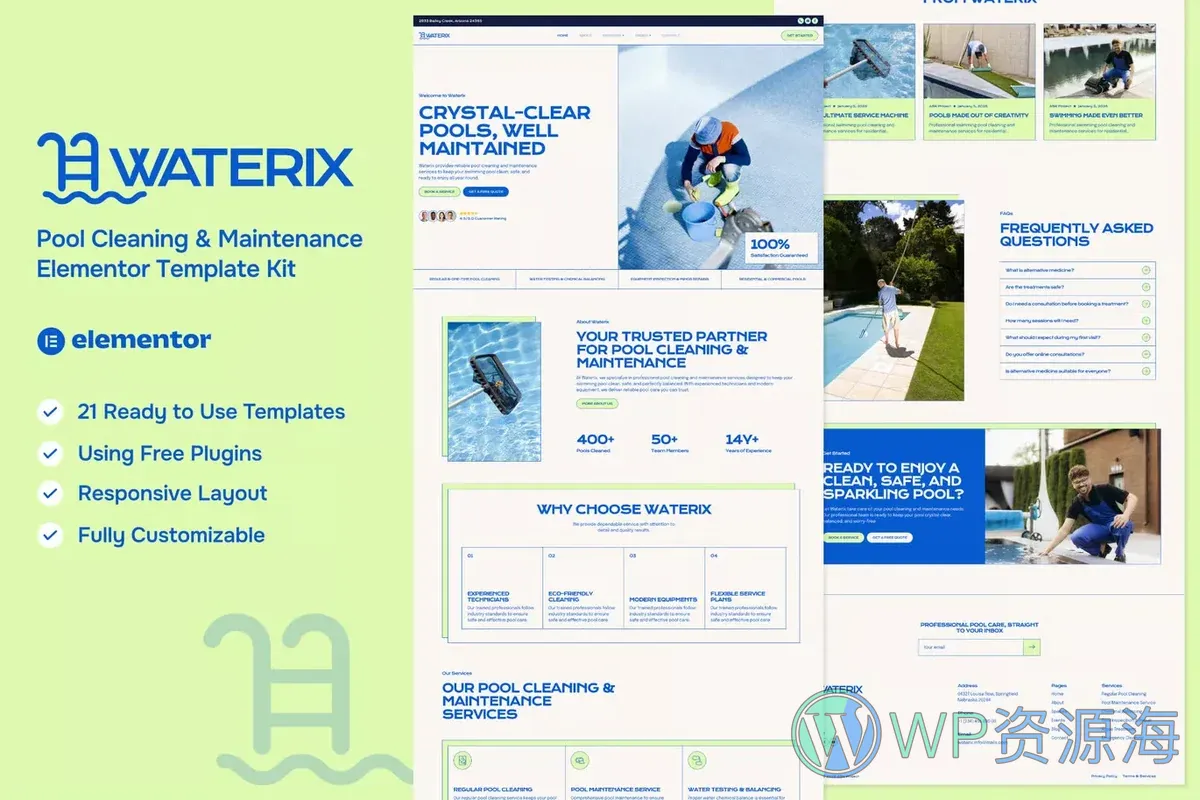 泳池清洁维护服务Elementor网站模板_一键导入快速建站插图-WP资源海 保洁 Elementor 网站模板封面