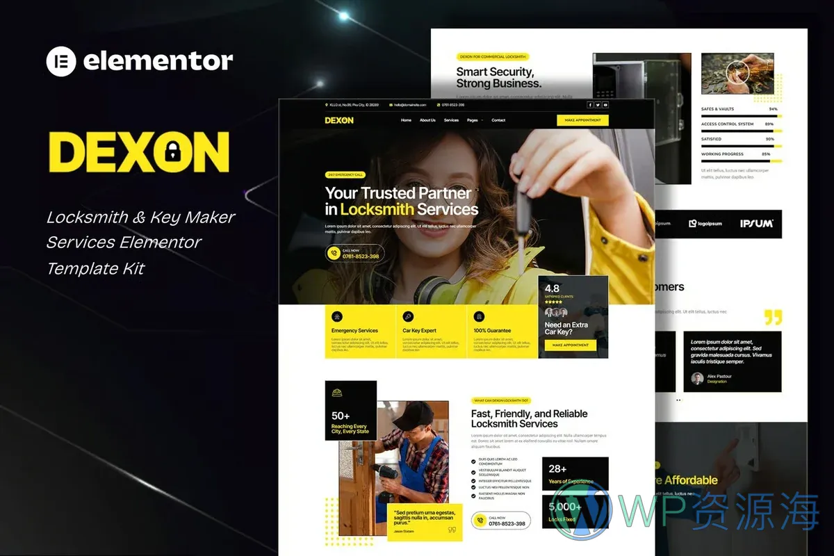 锁匠与配钥匙服务Elementor网站模板_一键导入快速建站插图-WP资源海 维修 Elementor 网站模板封面
