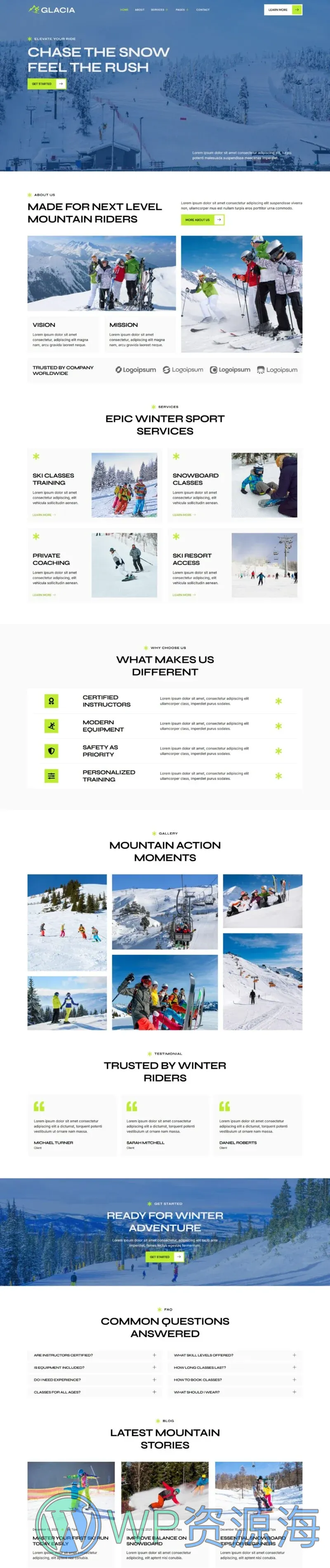 滑雪度假村与单板滑雪课程Elementor网站模板_一键导入快速建站插图1-WP资源海 运动/健身 Elementor 模板首页预览