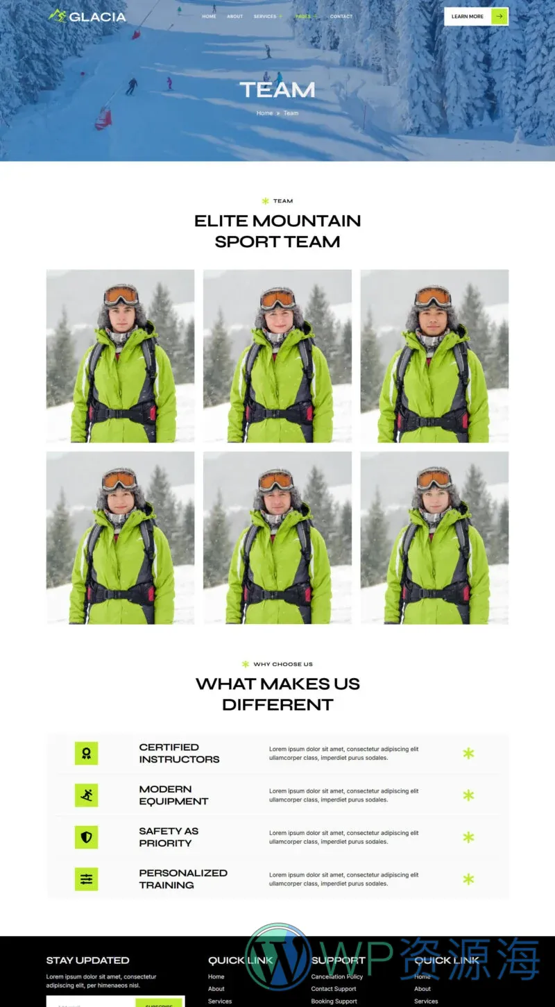 滑雪度假村与单板滑雪课程Elementor网站模板_一键导入快速建站插图4-WP资源海 运动/健身 Elementor 模板团队页面预览