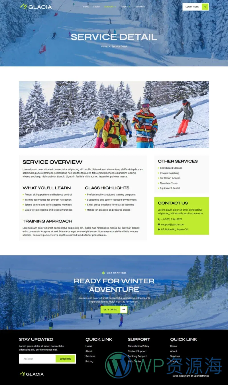 滑雪度假村与单板滑雪课程Elementor网站模板_一键导入快速建站插图5-WP资源海 运动/健身 Elementor 模板服务详情预览