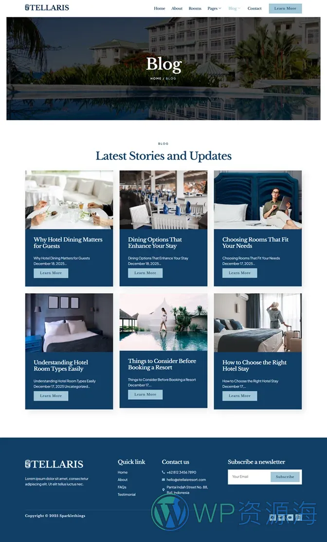 酒店与度假村住宿Elementor网站模板_一键导入快速建站插图2-WP资源海 旅馆/酒店 Elementor 模板博客页面预览