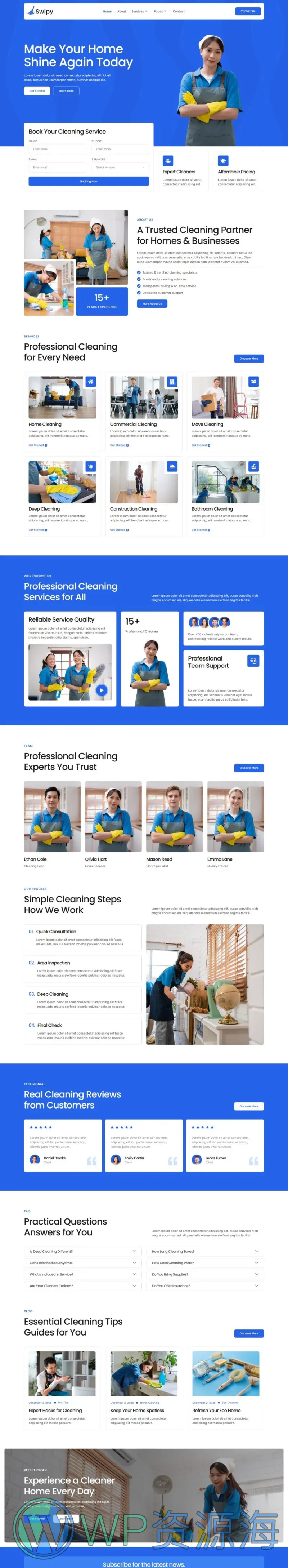家庭与商业保洁服务Elementor网站模板_一键导入快速建站插图1-WP资源海 保洁 Elementor 模板首页预览