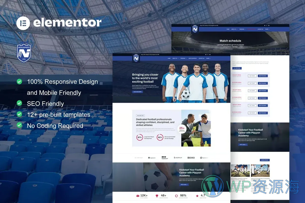足球俱乐部与体育学院Elementor网站模板_一键导入快速建站插图-WP资源海 运动/健身 Elementor 网站模板封面