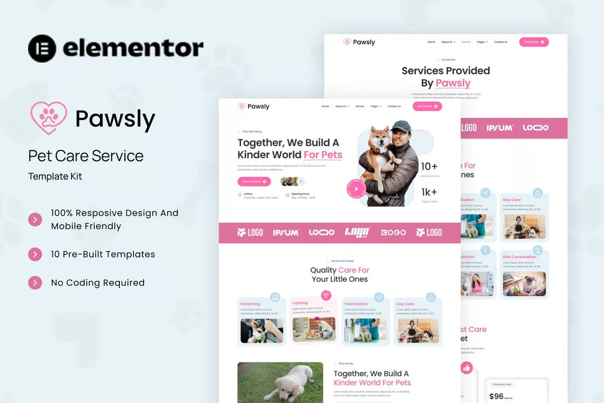 宠物护理服务Elementor网站模板_一键导入快速建站