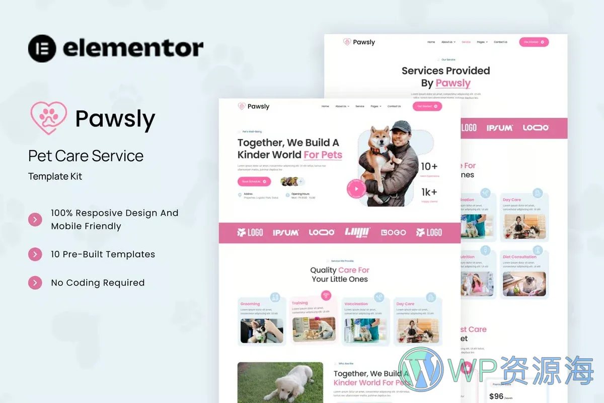 宠物护理服务Elementor网站模板_一键导入快速建站插图-WP资源海 服务/咨询 Elementor 网站模板封面