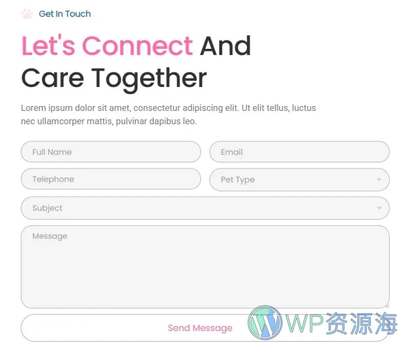 宠物护理服务Elementor网站模板_一键导入快速建站插图7-WP资源海 服务/咨询 Elementor 模板联系表单预览