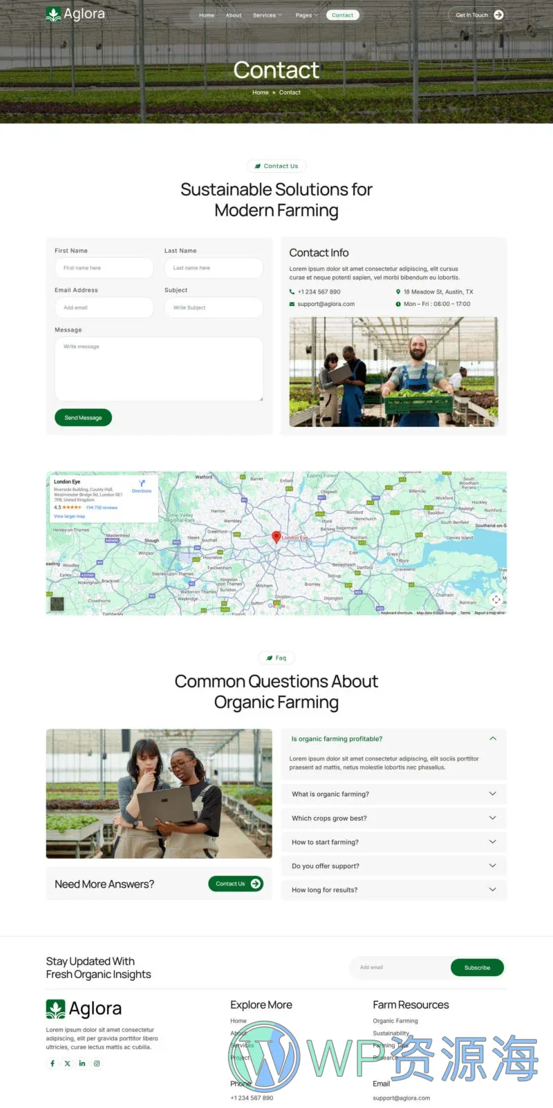 农业与有机农场Elementor网站模板_一键导入快速建站插图2-WP资源海 农业 Elementor 模板联系页面预览
