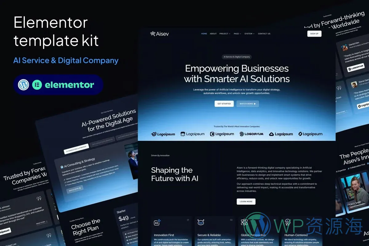 AI机构与解决方案Elementor网站模板_一键导入快速建站插图-WP资源海 AI Elementor 网站模板封面