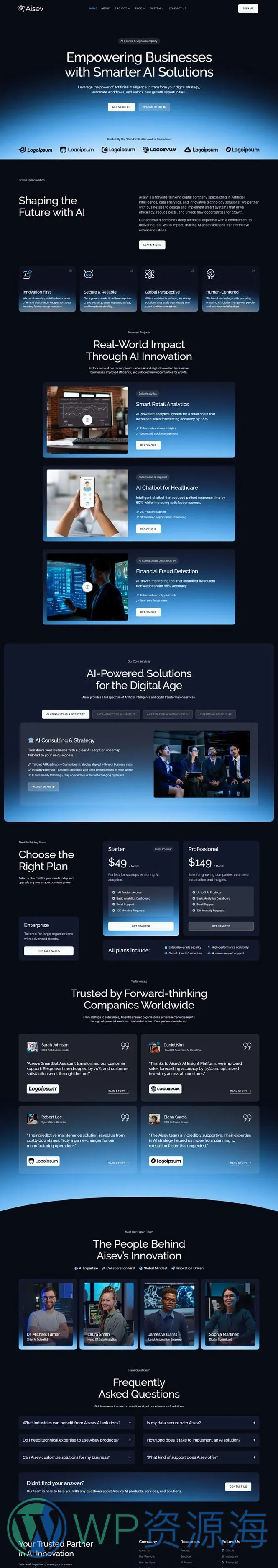 AI机构与解决方案Elementor网站模板_一键导入快速建站插图1-WP资源海 AI Elementor 模板首页预览