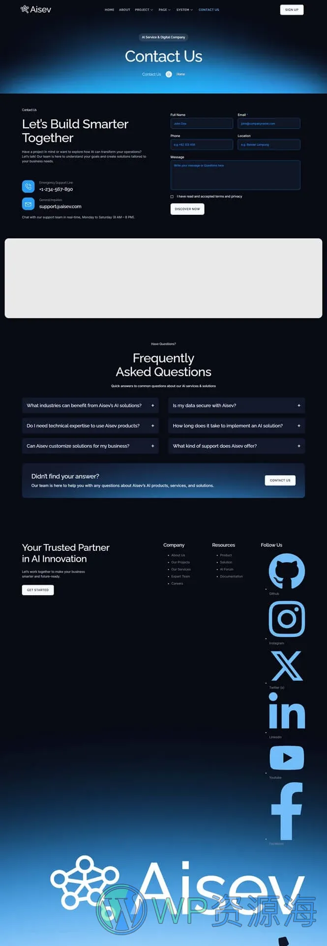 AI机构与解决方案Elementor网站模板_一键导入快速建站插图2-WP资源海 AI Elementor 模板联系页面预览
