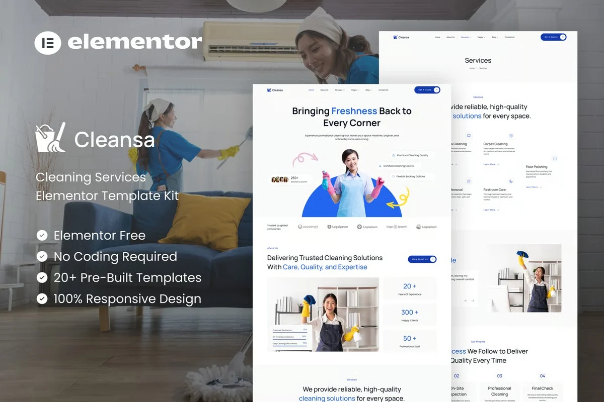 清洁保洁服务Elementor网站模板_一键导入快速建站