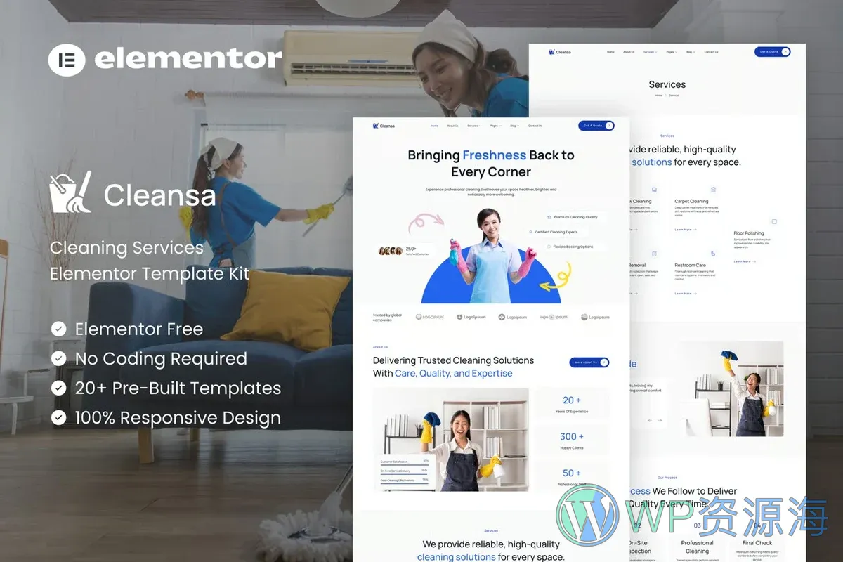 清洁保洁服务Elementor网站模板_一键导入快速建站插图-WP资源海 保洁 Elementor 网站模板封面
