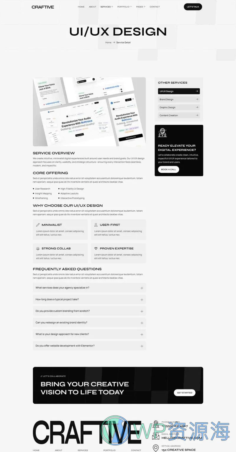极简创意设计机构Elementor网站模板_一键导入快速建站插图3-WP资源海 艺术/设计 Elementor 模板服务详情预览