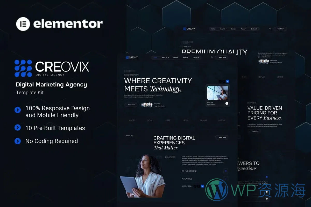 数字营销创意机构Elementor网站模板_一键导入快速建站插图-WP资源海 广告/营销 Elementor 网站模板封面