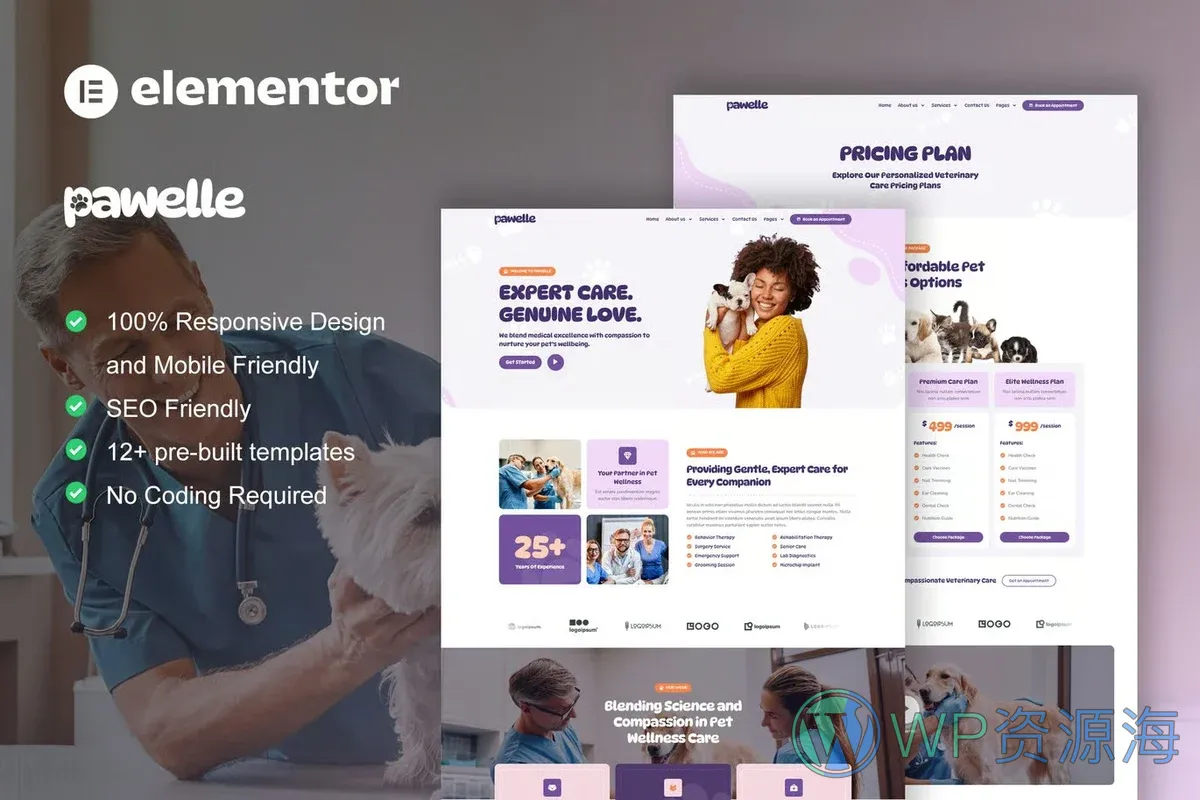 兽医与宠物护理Elementor网站模板_一键导入快速建站插图-WP资源海 健康/医药 Elementor 网站模板封面