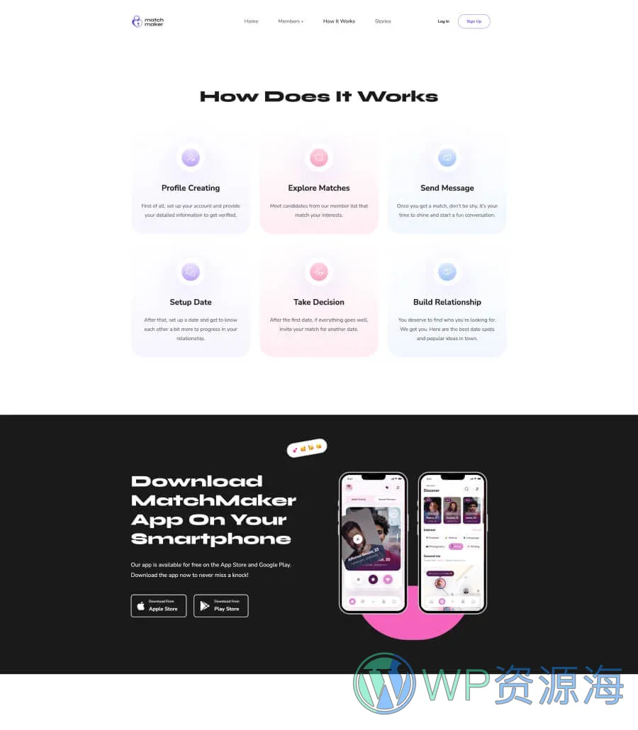 约会交友Gutenberg网站模板_一键导入快速建站插图4-WP资源海 MatchMaker How It Works Page For Gutenberg