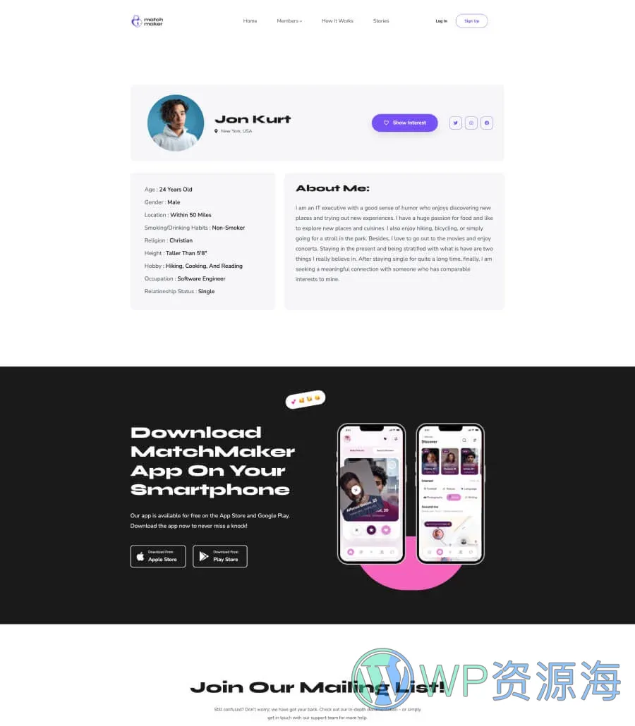 约会交友Gutenberg网站模板_一键导入快速建站插图3-WP资源海 MatchMaker Member Details Page For Gutenberg