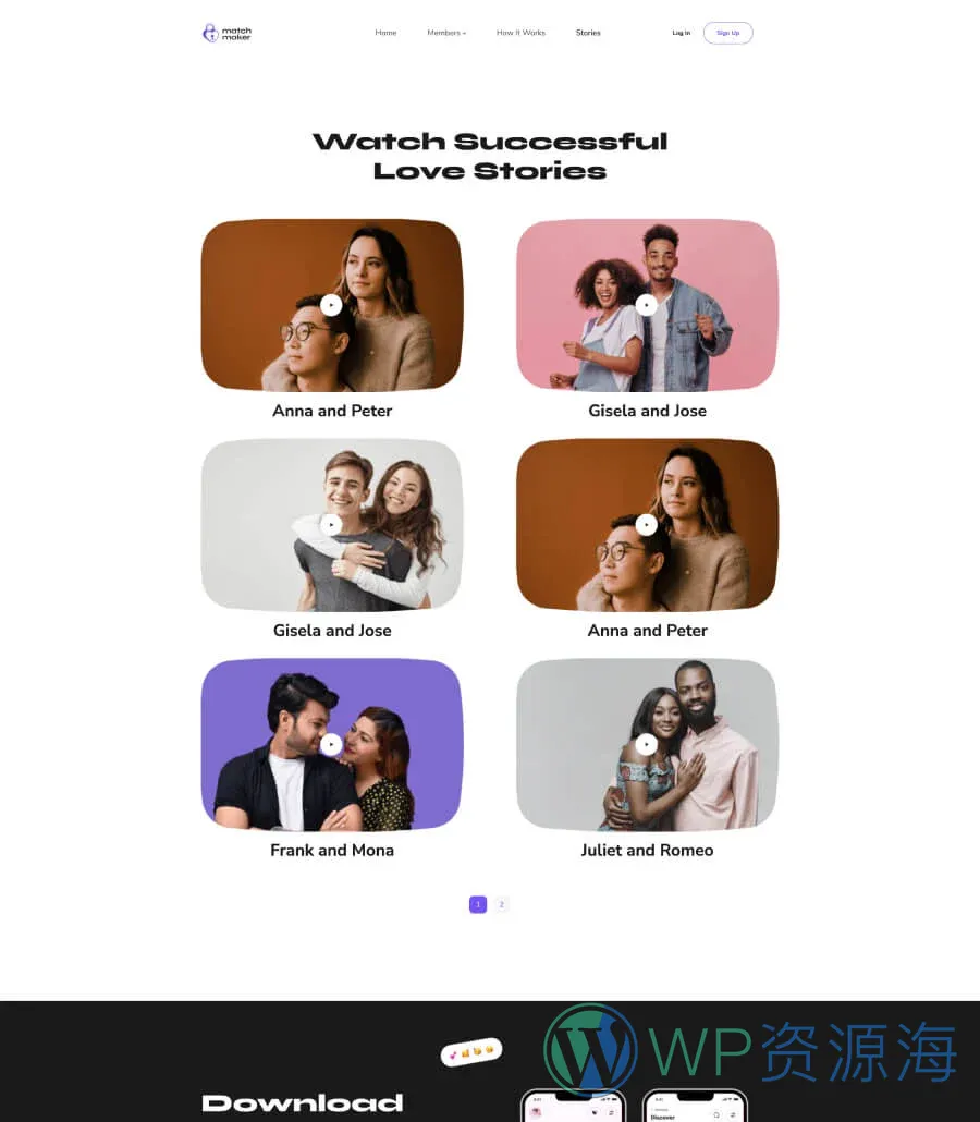 约会交友Gutenberg网站模板_一键导入快速建站插图5-WP资源海 MatchMaker Stories Page For Gutenberg