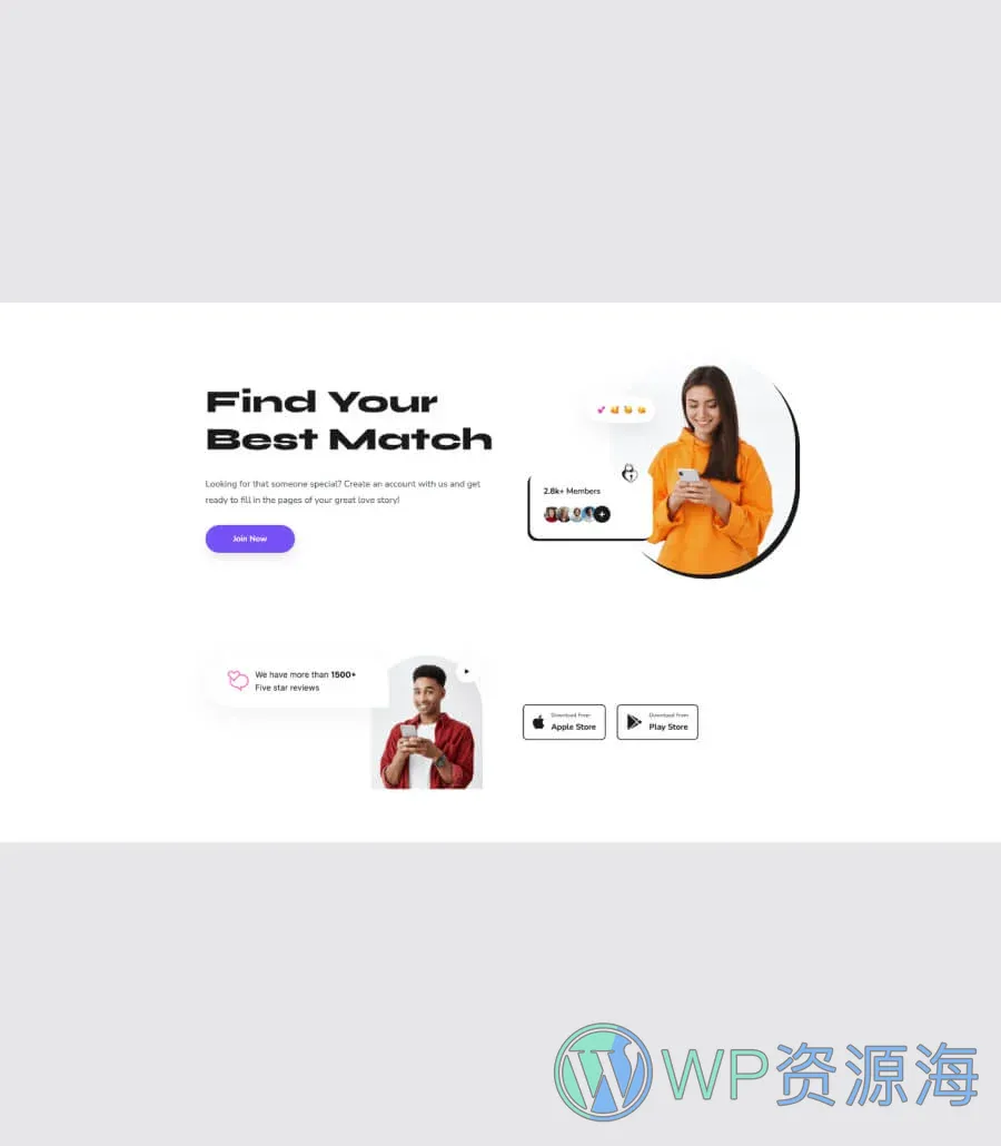 约会交友Gutenberg网站模板_一键导入快速建站插图6-WP资源海 MatchMaker Hero Section For Gutenberg