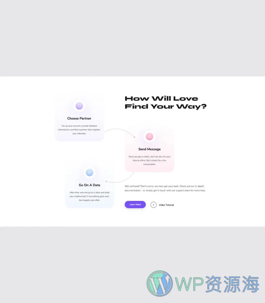 约会交友Gutenberg网站模板_一键导入快速建站插图7-WP资源海 MatchMaker How It Works Section For Gutenberg