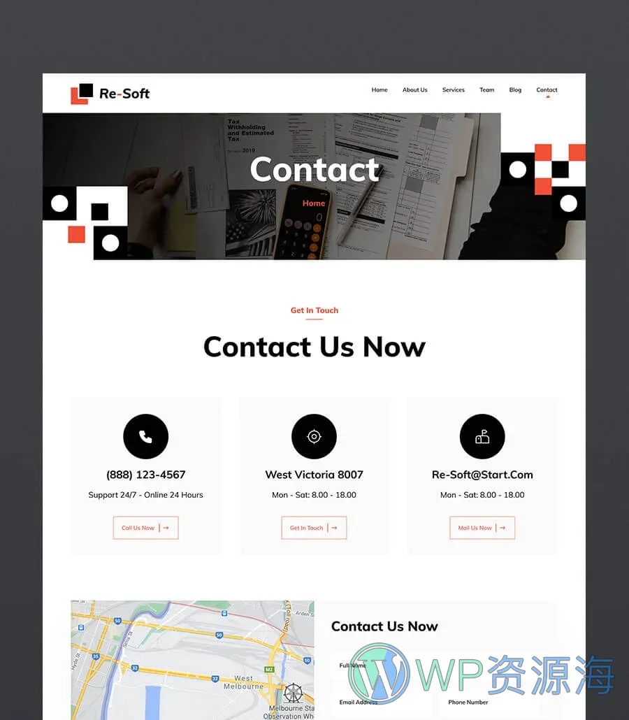 金融服务机构Elementor网站模板_一键导入快速建站插图4-WP资源海 Re-Soft Contact Page