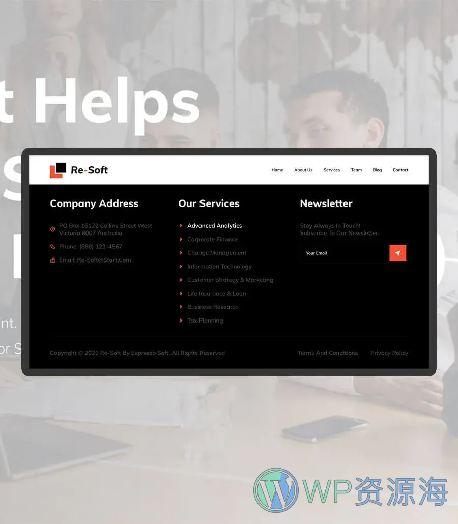 金融服务机构Elementor网站模板_一键导入快速建站插图11-WP资源海 Re-Soft Footer
