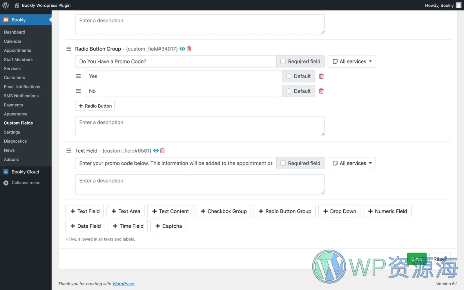 Bookly Square Payment (Add-on) 预约支付集成 WordPress 插件插图-WP资源海 Various types of custom fields in your Bookly booking form