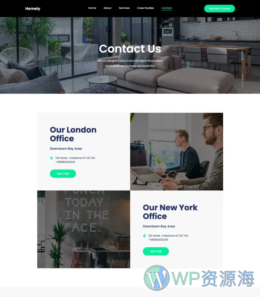 智能家居安全Gutenberg网站模板_一键导入快速建站插图4-WP资源海 Homely Contact Page For Gutenberg