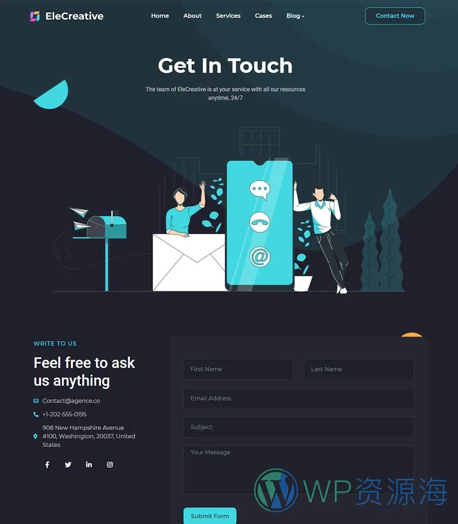 创意机构Elementor网站模板_一键导入快速建站插图3-WP资源海 EleCreative Contact Page