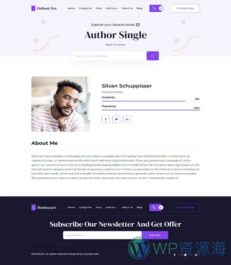 电子书Gutenberg网站模板_一键导入快速建站插图2-WP资源海 Elebook Author Details Page For Gutenberg