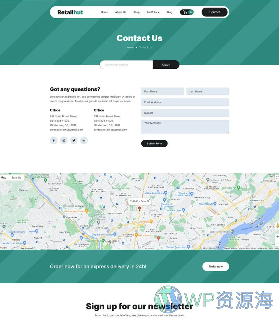 零售商店Gutenberg网站模板_一键导入快速建站插图3-WP资源海 RetailHut Contact Page For Gutenberg
