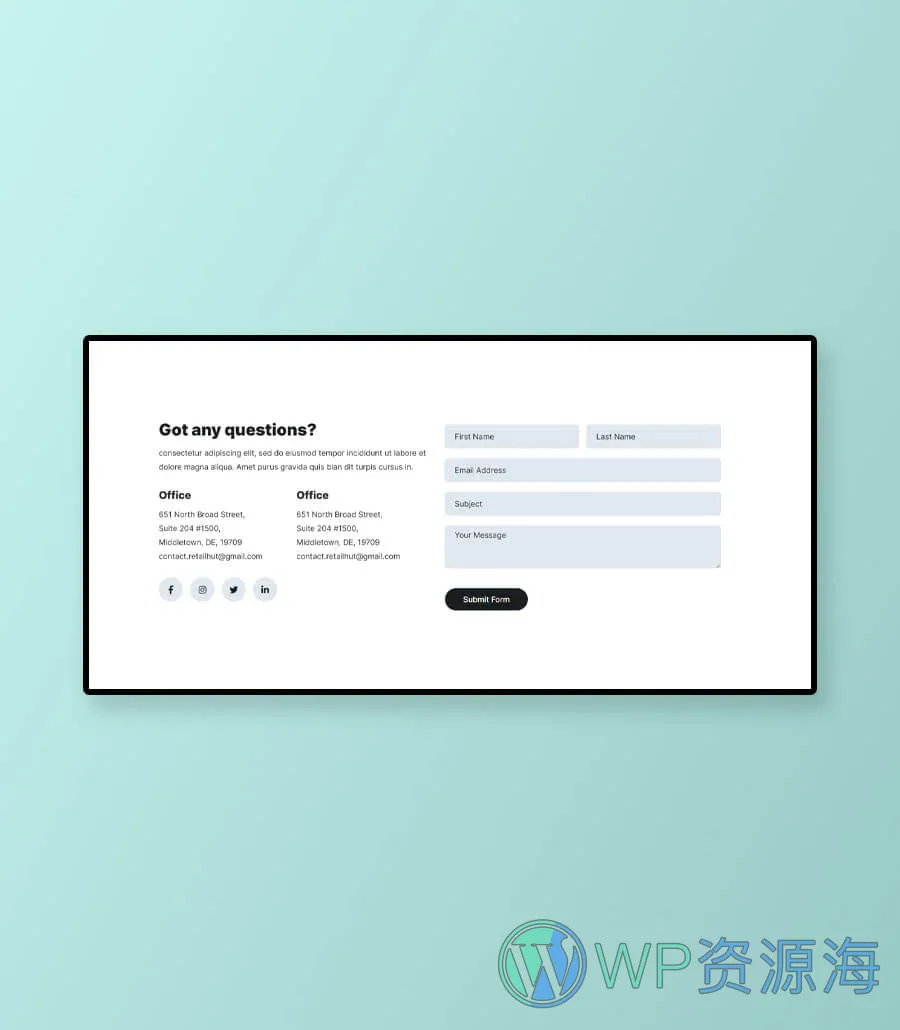零售商店Gutenberg网站模板_一键导入快速建站插图9-WP资源海 RetailHut Contact Us Section For Gutenberg