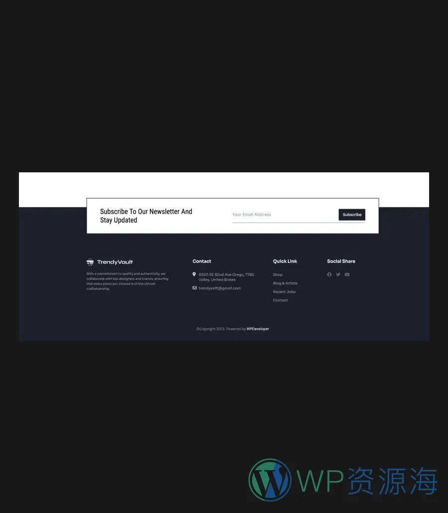 时尚商城Gutenberg网站模板_一键导入快速建站插图11-WP资源海 TrendyVault Footer Section For Gutenberg