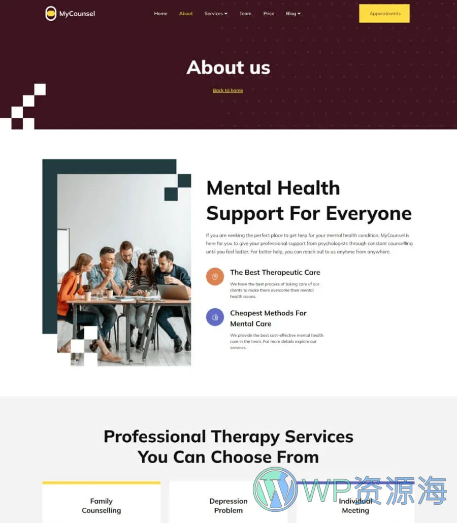 心理学咨询Elementor网站模板_一键导入快速建站插图3-WP资源海 MyCounsel About Page